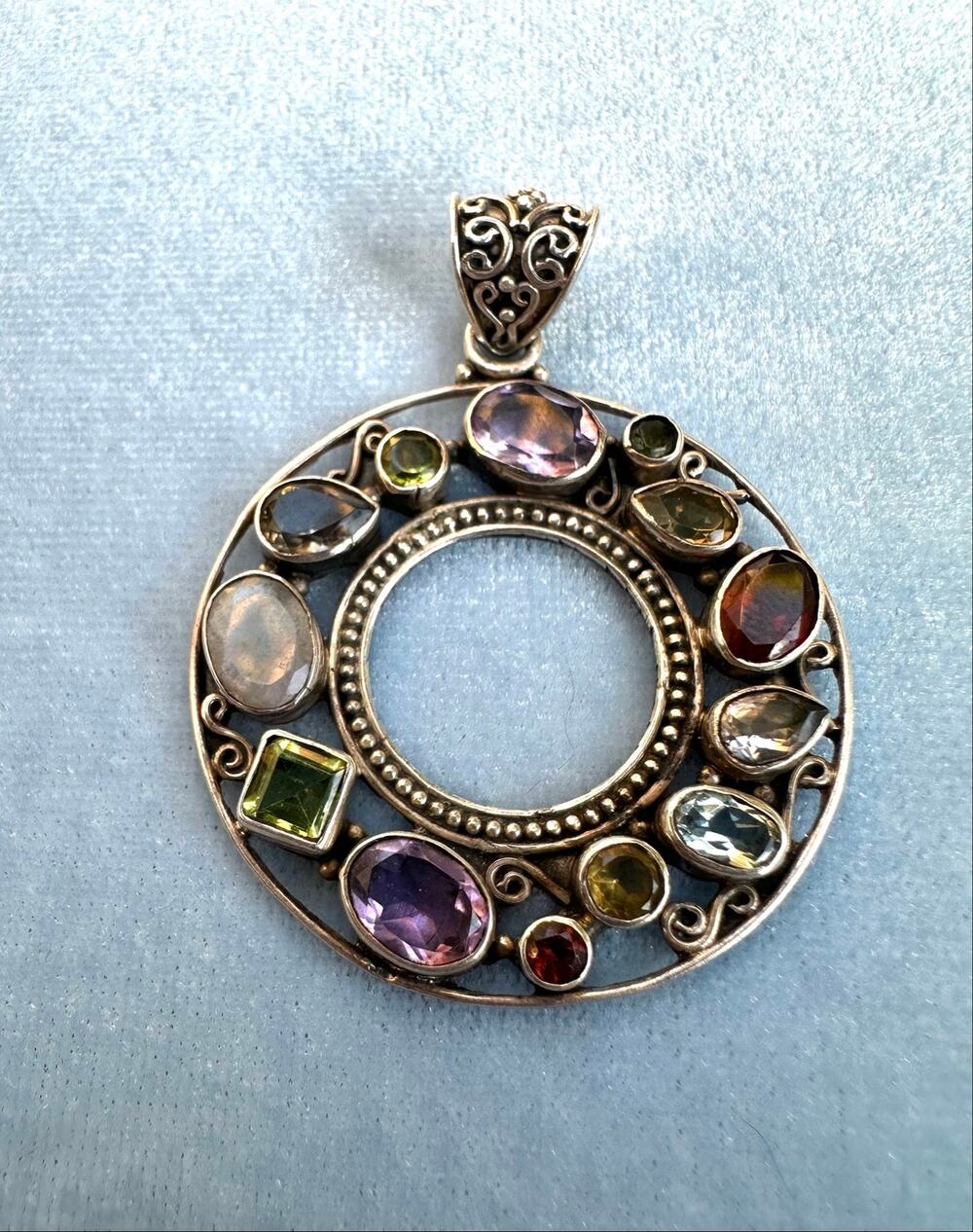 925 Sterling Silver Multi Gemstone Round Circle Pendant Filigree Open Wreath